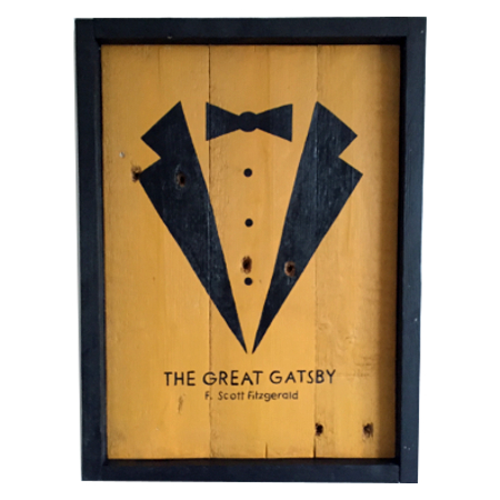 The Great Gatsby book cover, hand painted onto reclaimed wood